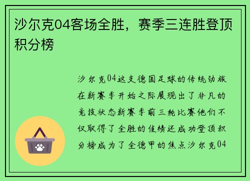 沙尔克04客场全胜，赛季三连胜登顶积分榜