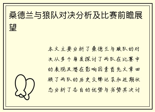 桑德兰与狼队对决分析及比赛前瞻展望