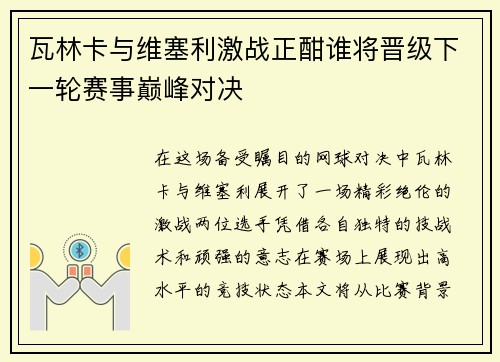 瓦林卡与维塞利激战正酣谁将晋级下一轮赛事巅峰对决