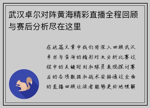 武汉卓尔对阵黄海精彩直播全程回顾与赛后分析尽在这里